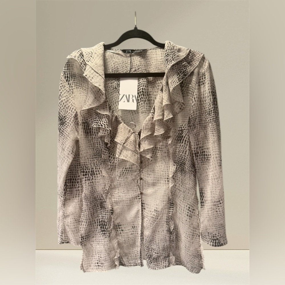 Zara NWT Semi-Sheer Ruffled Blouse with Snake Skin Print Small